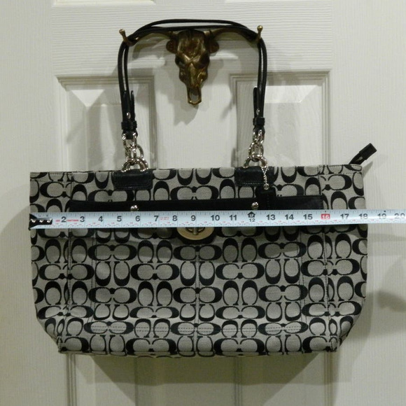 Coach Black Gray Signature Logo Canvas Leather  Penelope Tote - Picture 4 of 9